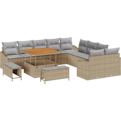 Afbeelding van vidaXL 13 Delige Tuinbank Set met Kussens Beige Poly Rattan Acacia