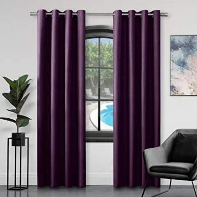 Afbeelding van Luxe Faux Zijde Gordijnen Oogje Top Volledig Gevoerd Ring Gordijn Paren Met Twee Tie Ruggen, Aubergine, 90X90 Inch