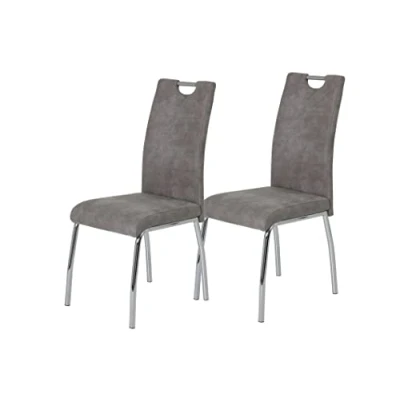 Afbeelding van Apollo Set van 2 eetkamerstoelen keukenstoel Susi, microvezel vinatge grijs, metalen frame + handvat chroom