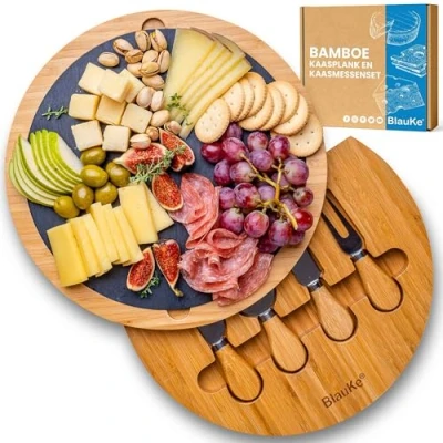 Afbeelding van Bamboe Kaasplank met Kaasmessen Set en Verwijderbare Leisteen Bamboo Cheese Board Ronde Kaasplaat van Hout 4 Messen Beste Cadeau voor Kerstmis, Bruiloft of Jubileum BlauKe
