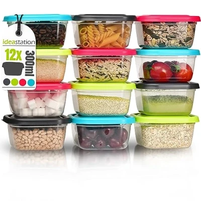 Afbeelding van idea station voorraadpot set 12 stuks, 300 ml, kleurrijk, met deksel, stapelbaar, voorraadbakken, opbergdozen, lunchbox, keukengadgets, maaltijdbereiding, diepvriesdozen