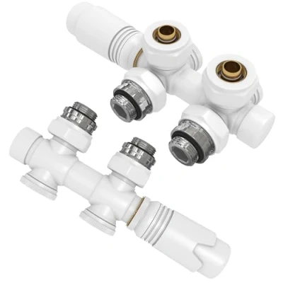 Afbeelding van EMKE Ventielarmaturen, ventielkraanblok, set met thermostaat, wit, kraanblok, verwarmingsaccessoires, hoek en doorgangsvorm, 7 verstelversnellingen, diameter 16 x G1/2 inch, 2 stuks, wit