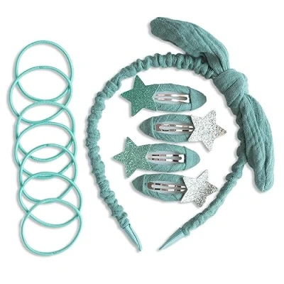 Afbeelding van Papierdrachen Bijzondere haaraccessoireset met haarband, glitterhaarspelden, haarelastiekjes gecombineerd hoogwaardige mousseline stof petrol voor meisjes en dames