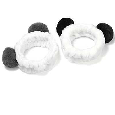 Afbeelding van 2 stuks schattige panda oor hoofdband zachte elastische koraal fleece haarband met pompons voor dames mode (zwart en grijs oor)