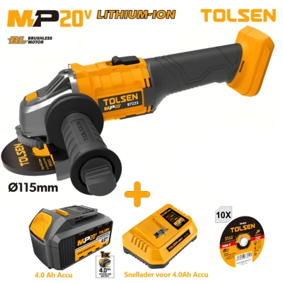 Afbeelding van Tolsen Haakse Slijper op Accu 20V Li ion 115 mm schijfdiameter Incl. 1x 4.0Ah accu, oplader, 10x slijpschijven 1.2 dikte, gereedschapstas &amp; accessoires