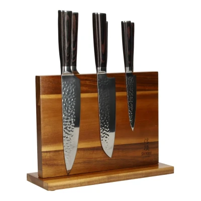 Afbeelding van Hammered RVS 6 delige Messenset + Acacia houder enkelzijdig