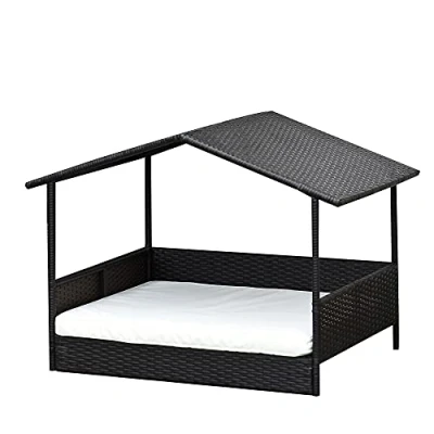 Afbeelding van PawHut Rotan hondenhok hondenbed met kussen in de vorm van een huis voor buiten stalen frame PP D02 029