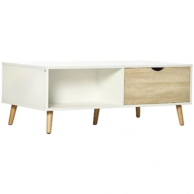 Afbeelding van HOMCOM salontafel, bijzettafel met verhoogd ontwerp, banktafel laden en open opbergvakken, woonkamertafel, wit+natuurlijk hout, 106 x 58 39,5 cm