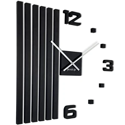 Afbeelding van 3D wandklokken doe het zelf hout eiken lamellen grote wandklok 60 cm modern design eco muursticker decoratie decoratief artikel kwartsklok (zwart, witte wijzers)