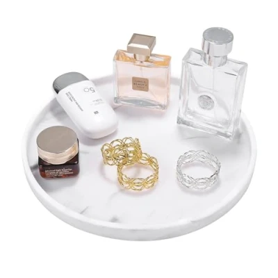 Afbeelding van Luxspire Rond dienblad, kunsthars badkamermeubel, aanrecht, opbergbak, serveerbak, plantenbak, organizer voor koffie, parfum, zeephanddoek, dressoir, sieraden, comestisch gerecht, woondecoratie, marmerwit