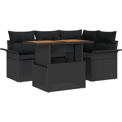 Afbeelding van vidaXL 5 Delige Tuin Eet Set met Kussens Zwart Poly Rattan Acacia