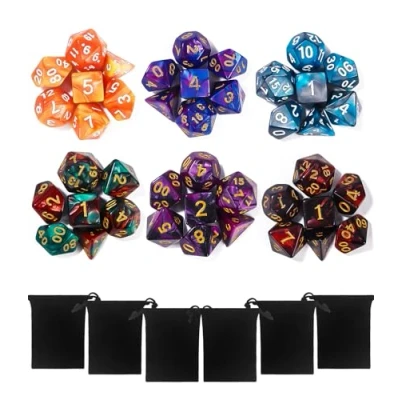 Afbeelding van TIDEVAN polyedrische dobbelstenen, 42 delige set dungeons en dragons rollenspel dobbelstenen met 6 zwarte fluwelen zakjes voor DND RPG MTG D4 D8 D10 D12 D20