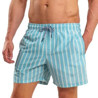 Afbeelding van RIPT Performance Heren Sneldrogende UV 50 Zonnebescherming Peach Finish Zwemshort Trunks, Lichtblauwe Streep Print, L, Lichtblauw gestreept, L