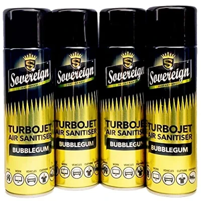 Afbeelding van Sovereign Turbojet Air Sanitiser BUBBLEGUM Blast Spray Freshener Kan 4 x 500ml Bundel