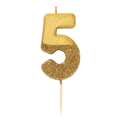 Afbeelding van Talking Tables Gouden glitter nummer 5 verjaardagskaars Taarttopper decoratie Mooi, sprankelend voor kinderen, volwassenen, 50e verjaardagsfeestje, hoogte 8cm, 3&quot;, goud/glitter