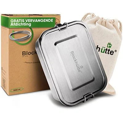 Afbeelding van Blockhütte Hoogwaardige roestvrijstalen lunchbox I 1200ml De broodtrommel is opgedeeld in compartimenten en kun je makkelijk afsluiten. Deze bento box (met tussenschot) islekvrij.