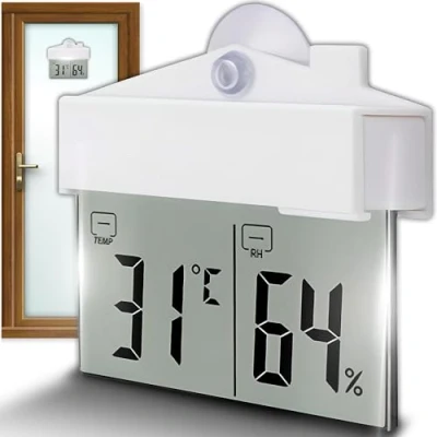 Afbeelding van Retoo Digitale raamthermometer, 11 x 9 cm, kamerthermometer en luchtvochtigheidsmeter, hygrometer, temperatuurweergave met lcd display, raamthermometer lijm