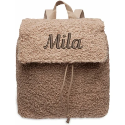 Afbeelding van Jollein Rugtasje Boucle Biscuit met geborduurde naam