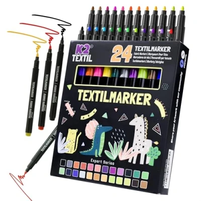 Afbeelding van K2 TEXTIL Textielstiften, set van 24, 12 stuks, wasmachinebestendig, textielmarkers om te beschilderen, textielverf voor textiel en schoenen, stofmarkers, geschikt kinderen, 24 stuks