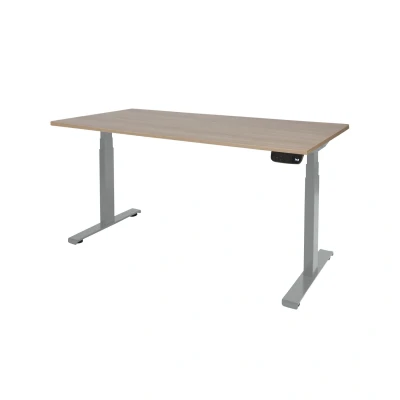 Afbeelding van Dextro plus zit/sta 180x80cm, electrisch hoogte verstelbare werkplek, T poot frame. Frame kleur aluminium (RAL9006) en blad Havanna/Kersen Licht.