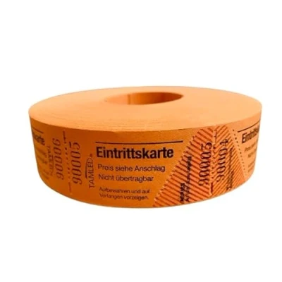 Afbeelding van TAMLED Bonroll entreekaarten oranje 1 rol met 1000 geperforeerde afscheuren, doorlopend genummerd gastromerken, festival, drankjes, voedsel, evenementen, bedrijfsevenement, volksfeest, vereniging,