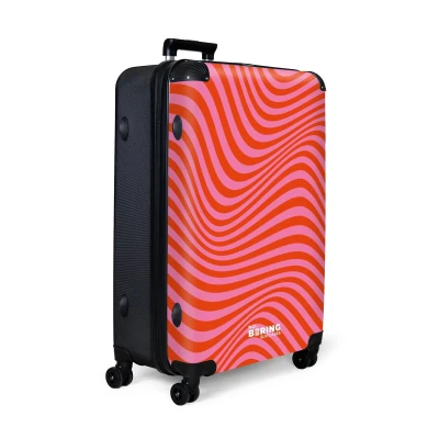 Afbeelding van NoBoringSuitcases.com® Koffer groot Reiskoffer lichtgewicht Rood met roze golvende lijnen Rolkoffer 4 wielen Grote trolley XL 98 liter bagage