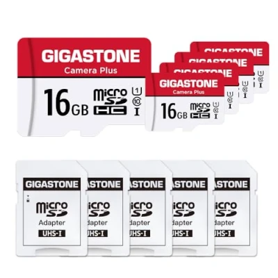 Afbeelding van Gigastone Geheugenkaart 16 GB set van 5 kaarten, camera plus serie, snelheid tot 85 MB/s. Ideaal voor Full HD video Gopro drone camera, U1 C10 Micro SDHC kaart met mini hoes en SD adapter.