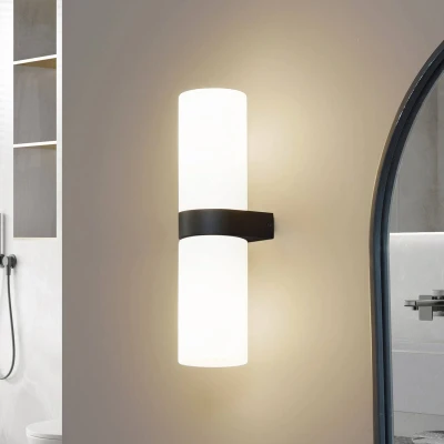 Afbeelding van Lucande Basolo badkamer wandlamp, zwart, hoogte 31,5 cm, glas