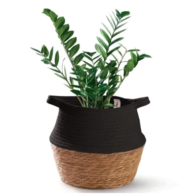 Afbeelding van Praknu Plantenmand voor Binnen van Zeegras &amp; Duurzaam Katoen Decoratieve 27 cm Met Handgrepen Mand Planten Als Opbergmand (Zwart)