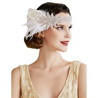 Afbeelding van BABEYOND Hoofdband met veer voor dames, jaren 20, flapper stijl, Charleston haarband, Great Gatsby, carnavalskostuum, accessoires, satijnen band, wit