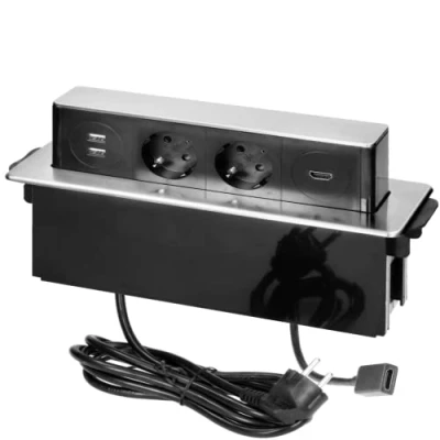 Afbeelding van stekkerdoos met USB en HDMI 2.0 Inbouw verdeelstekker Stekkerblok 2 stopcontacten A &amp; Bureau RVS afwerking Randaarde