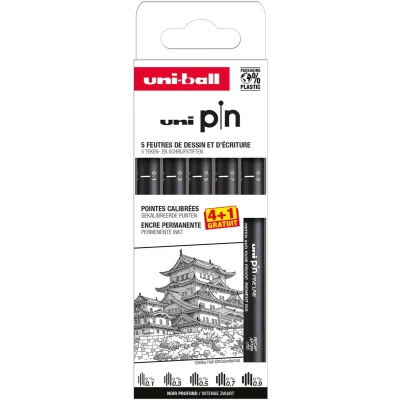 Afbeelding van Uni Pin fineliner set zwart 0,1 0,9 mm 4+1 gratis