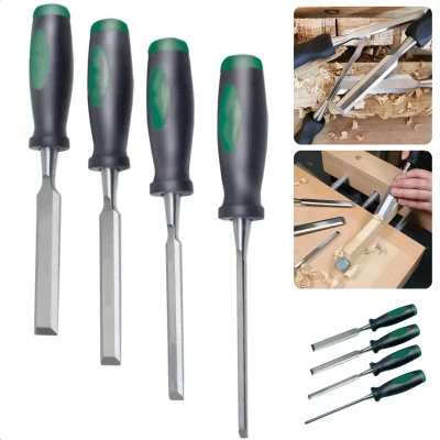 Afbeelding van Cheqo® Professionele Steekbeitelset 4 delig 6 12 18 24mm Chroom Vanadium Staal Ergonomische Greep Vlijmscherp Geslepen Incl. Beschermkap Beitel Houtbeitel Steekbeitel Beitelset