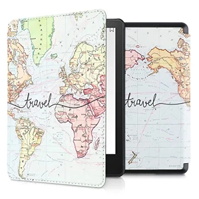 Afbeelding van kwmobile E reader hoesje geschikt voor Amazon Kindle Paperwhite 11. Generation 2021 hoes flip case met magnetische sluiting Ereader cover Travel Wereldkaart design in zwart / meerkleurig
