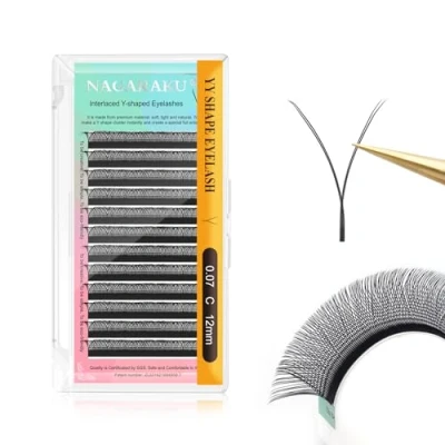 Afbeelding van NAGARAKU YY Wimper Extensions Supplies Y Wimperextensions Premade Fans 4D 12 Rijen Russische Volume Vorm Faux Black Cluster Pre Fanned Wispies Crisscross Eye Lashes (0.07 C Curl 12mm）