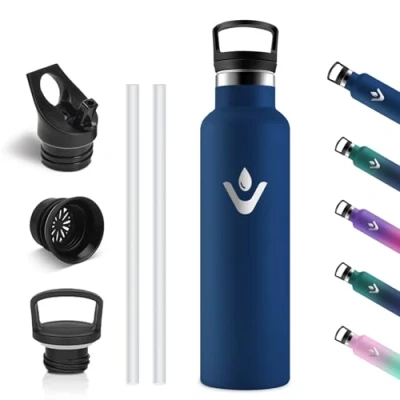 Afbeelding van Vikastar Roestvrijstalen drinkfles, thermosfles 750 ml, BPA vrije met rietje, drinkfles voor school, sport, fiets, camping, donkerblauw