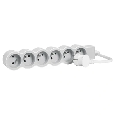 Afbeelding van LEGRAND Extra platte stekkerdoos 6 stopcontacten met aarding kabel 1,5 m wit en lichtgrijs