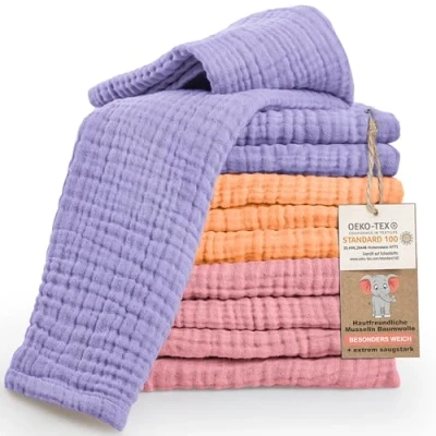 Afbeelding van LAYNENBURG set van 10 premium boerendoeken baby extra zachte mousseline 100% katoen 30x50cm Oeko Tex 100 doeken als luiers of doekluiers (veelkleurig meisje)