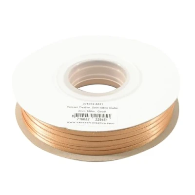 Afbeelding van Vaessen Creative 301002 5021, goud, satijnen lint, lichtbruin, 3 mm x 100 m dubbel decoratief cadeaulint, stoffen lint voor bruiloft, doop en verjaardagscadeaus,