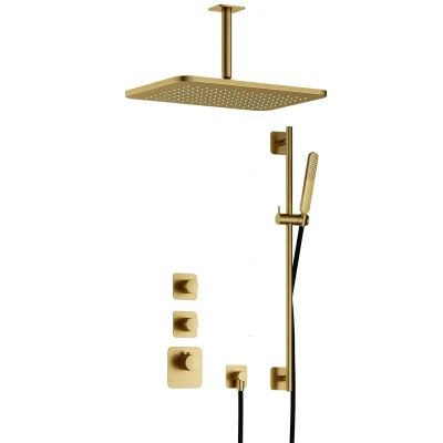 Afbeelding van Hotbath Gal Regendoucheset IBS40 Geborsteld Messing PVD Staaf Handdouche 40cm Hoofddouche 15cm Plafondbuis met glijstang