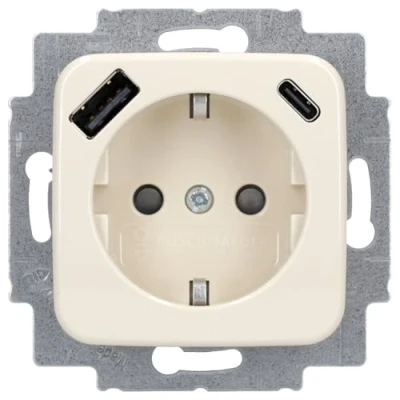 Afbeelding van Busch Jaeger Reflex SI wandcontactdoos met 2x USB Lader kinderveilig wit crème 20 EUCB2USBAC 212