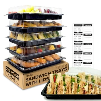 Afbeelding van ebake Sandwichplatters met Deksels en Stickerlabels 34 x 24,5 7,4 cm Herbruikbare Cateringplatters Feestelijke Voedselplatters voor Sandwiches, Cake, Sushi Maaltijdvoorbereiding (25 Stuks)