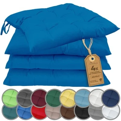 Afbeelding van NatureMark Set van 4 stoelkussens met linten afmeting 40x40 cm Gestoffeerd zitkussen, koningsblauw