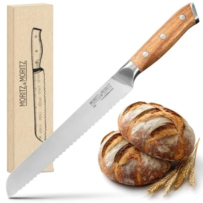 Afbeelding van Moritz &amp; broodmes 20 cm, groot professioneel met gekartelde rand, scherp zaagmes voor het snijden van brood, ergonomische handgreep acaciahout, Duits messenstaal