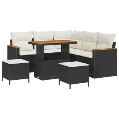 Afbeelding van vidaXL 8 delige Tuin Sofaset met Kussens Zwart Poly Rattan Acacia, 3 Eetset Acacia