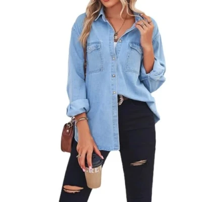 Afbeelding van Blouse Dames, Dames Denim Overhemd Met Lange Mouwen, Blouse, Mode, Dun, Lichtblauw, Wassing, Vervaagde Shirts V Hals, Tops, Casual Losse Button Downblouses, Grote Maten Boyfriend Jean Jas,Xl