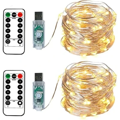 Afbeelding van BXROIU 2 x 100LEDs kerstverlichting 10 meter zilverdraad USB aansluiting met afstandsbediening 8 programma&#039;s en timer dimmen (warm white)