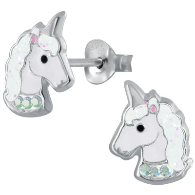 Afbeelding van JoyS Zilveren eenhoorn oorbellen unicorn oorknoppen wit