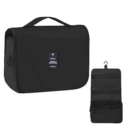 Afbeelding van MEIJMJIA Toilettas om op te hangen, voor reizen, cosmeticatas, organizer, waterdichte en opvouwbare make uptas, grote capaciteit, organizer gymnastiek, zaken vakantie, Zwart, Minimalistische