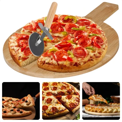 Afbeelding van Cheqo Pizzaplank Bamboe Inclusief Pizzasnijder Luxe Pizzabord Serveerschaal Tapasplank Serveerplank Pizza